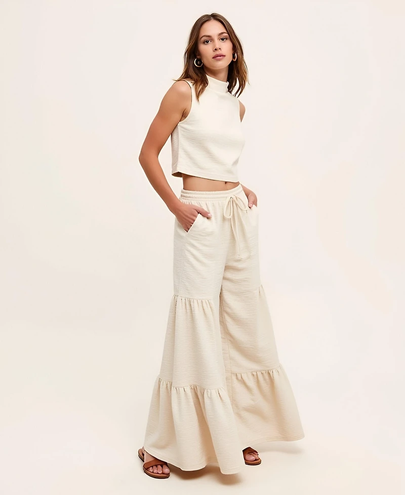 Modenaire Women's Sleeveless Textured Mock-Neck Crop Top & Tiered Wide-Leg Drawstring Pants 2-Pc. Set