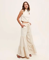 Modenaire Women's Sleeveless Textured Mock-Neck Crop Top & Tiered Wide-Leg Drawstring Pants 2-Pc. Set