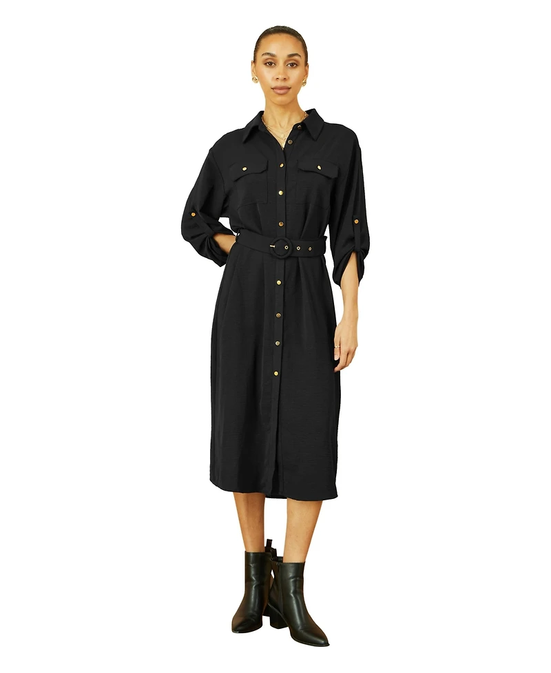 Yumi Women's 3/4 Sleeve Belted Midi Shirt Dress