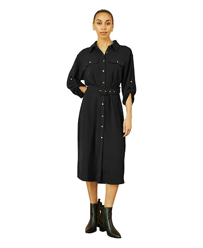 Yumi Women's 3/4 Sleeve Belted Midi Shirt Dress