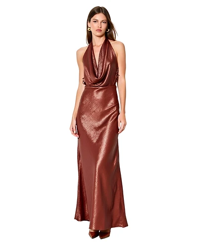 Modenaire Women's Shimmer Cowl-Neck Halter Lace-Up Evening Gown
