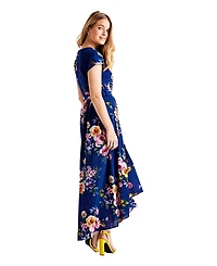 Yumi Women's Floral Print Dipped Hem Wrap Midi Dress