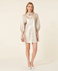 Modenaire Women's Satin Button-Front Collared Puff-Sleeve Shirt Dress