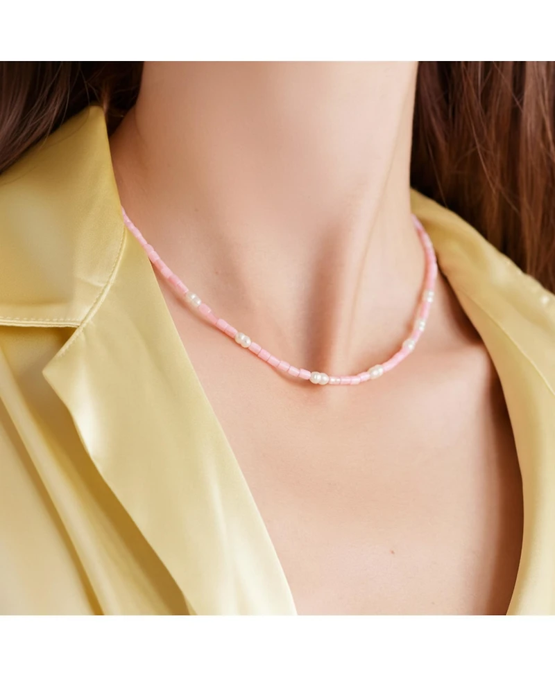Joey Baby 16" Lusia Necklace with Light Pink Dyed Shell Pearls and Freshwater Pearl Accents in 18K Gold Plated Stainless Steel