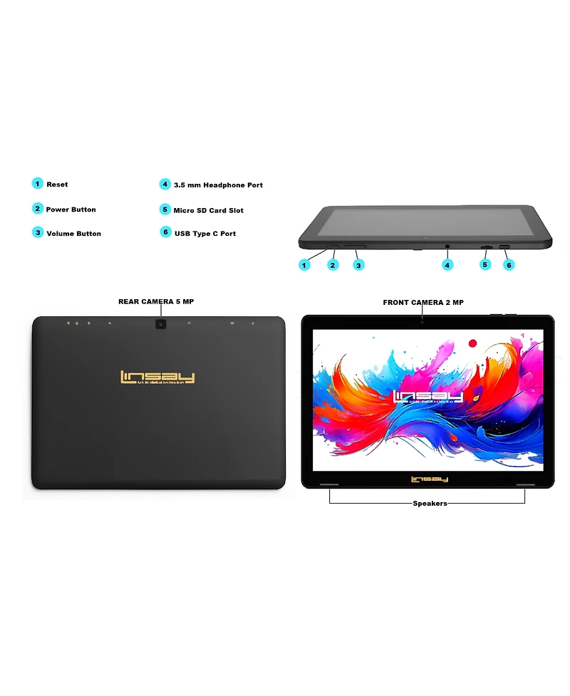 New Linsay 10.1" Tablet High End Octa Core 4GB Ram 128GB Storage Android 14