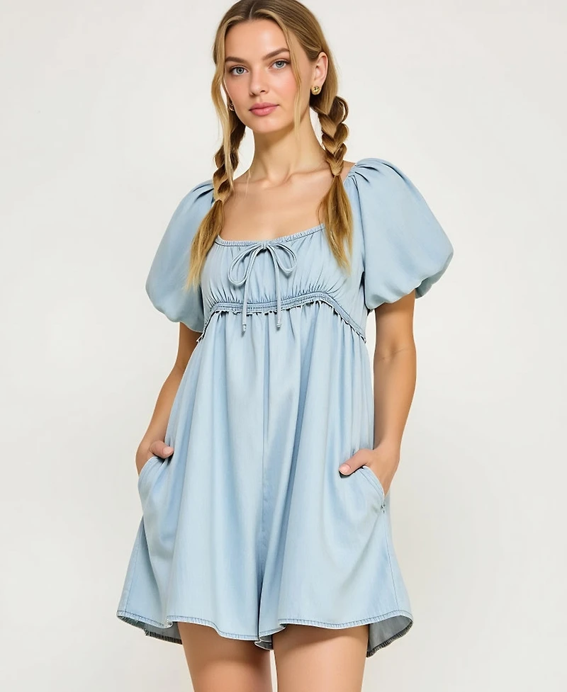 Modenaire Women's Puff-Sleeve Tie-Front Empire-Waist Romper