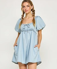 Modenaire Women's Puff-Sleeve Tie-Front Empire-Waist Romper