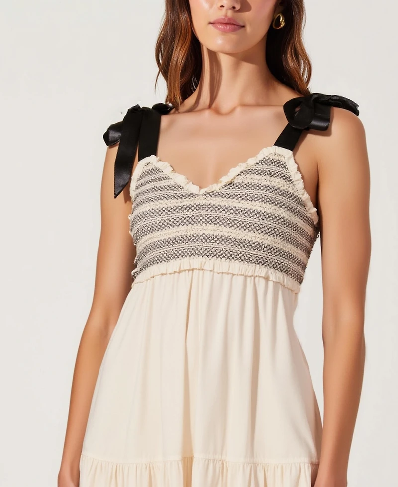 Modenaire Women's Smocked Lace-Trim Maxi Dress with Satin Bow-Tie Straps