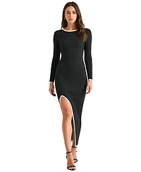 Modenaire Women's Ribbed Knit Long Sleeve Contrast Trim Midi Dress