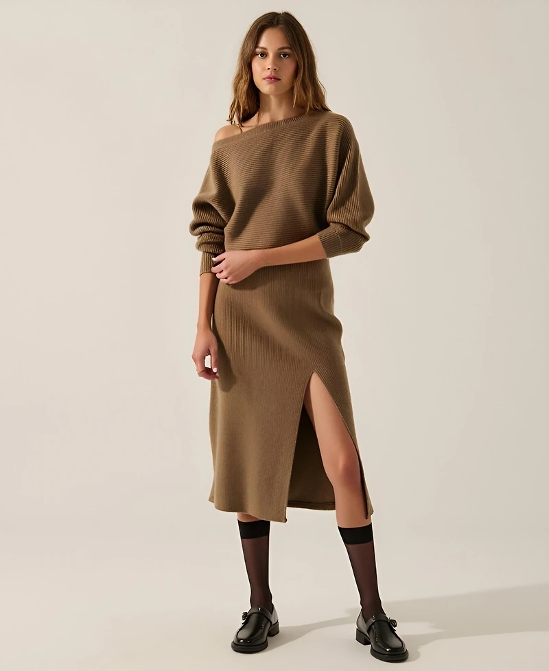 Modenaire Women's Rib Knit One Shoulder Dolman Midi Sweater Dress