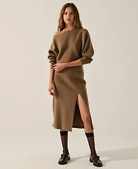 Modenaire Women's Rib Knit One Shoulder Dolman Midi Sweater Dress
