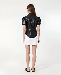 Modenaire Women's Leather Puff Sleeve Corset Button Up Shirt