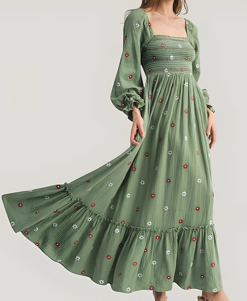 Modenaire Women's Floral-Embroidered Smocked Tiered Maxi Dress