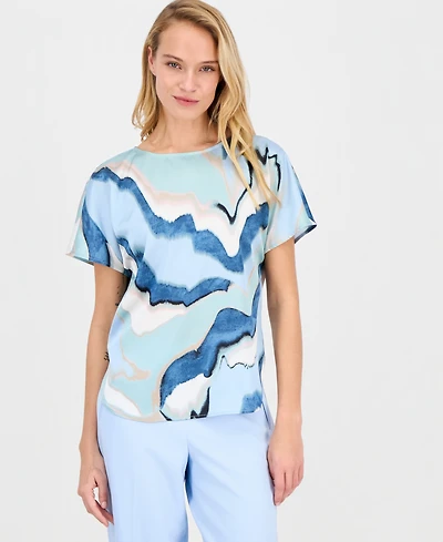 Anne Klein Women's Printed Boat-Neck Short-Sleeve Top
