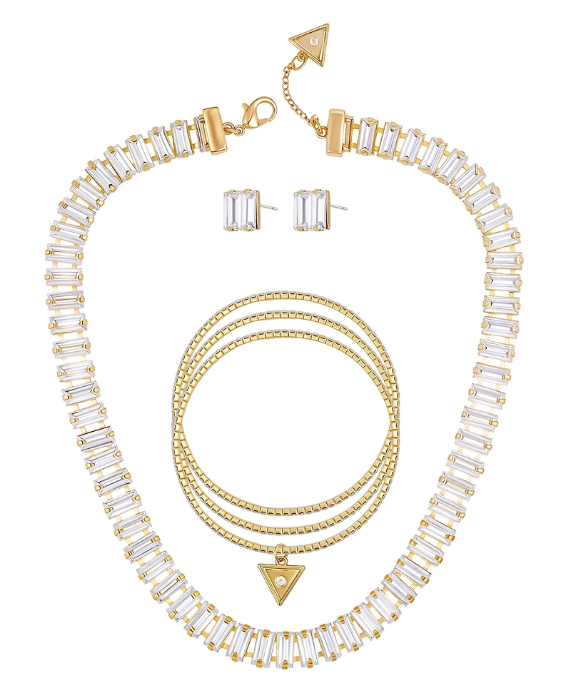Guess 3-Pc. Rhinestone and Glass Stone Gold-Tone Necklace, Stud Earrings, Bracelet Set