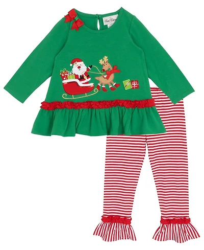 Rare Editions Girls 2T-4T 2-Piece Santa Sleigh Applique Top and Striped Leggings Set