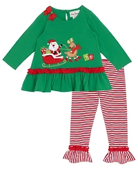 Rare Editions Girls 2T-4T 2-Piece Santa Sleigh Applique Top and Striped Leggings Set