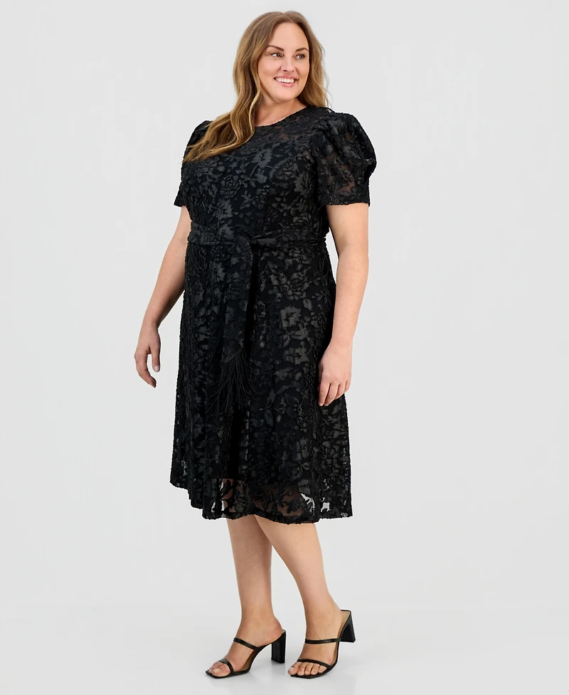 Tahari Asl Plus Puff-Sleeve Burnout Midi Dress