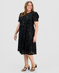 Tahari Asl Plus Puff-Sleeve Burnout Midi Dress
