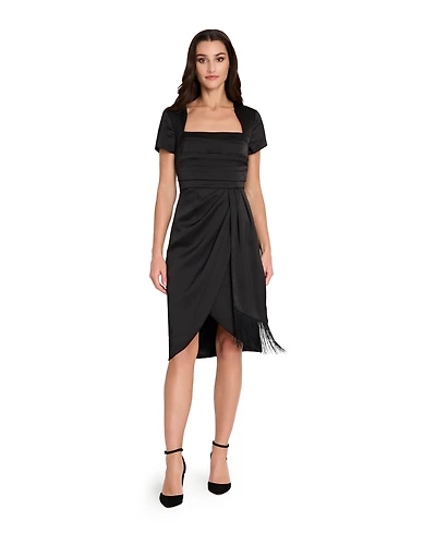 Tahari Asl Women's Short Sleeve Pleated Bodice Fringe Sheath Dress