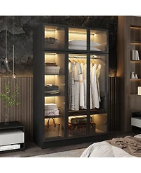 6-Glass Doors Armoire，Metal Frame Wardwore with Led Lights, Hanging Rod,Bedroom Closet