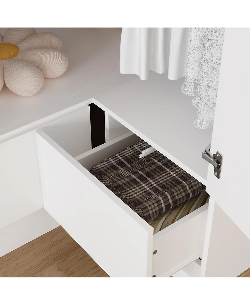 Bedroom Corner Armoire, Wardrobe with 2-Drawers and 2-Hold Bar