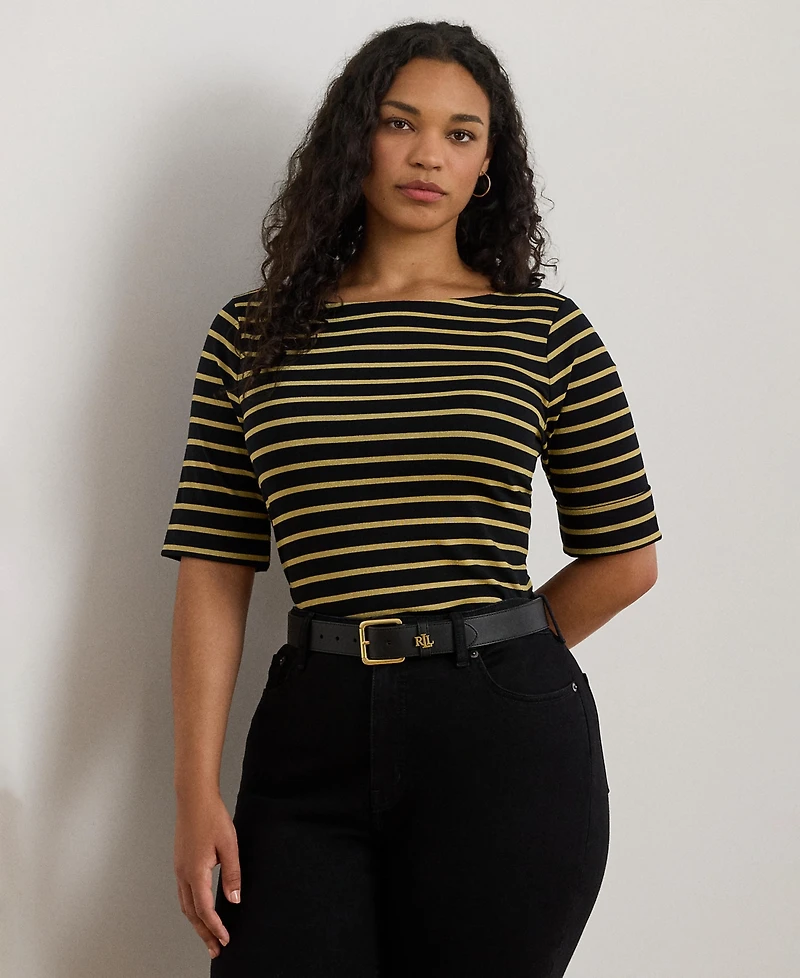 Lauren Ralph Lauren Plus Size Metallic Striped Boat Neck T-Shirt