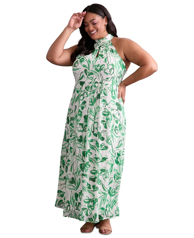 London Times Plus Floral-Print Halter Maxi Dress