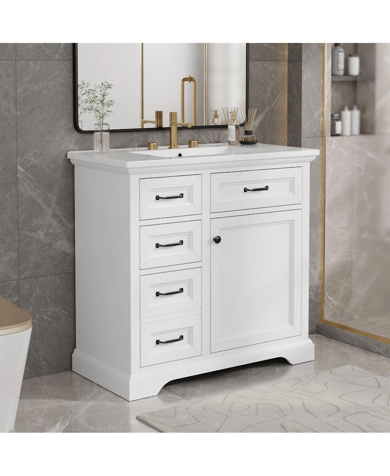 Casainc 36" Bathroom Vanity with Ceramic Sink, 4 Drawers and 1 Soft-Close Door, Freestanding