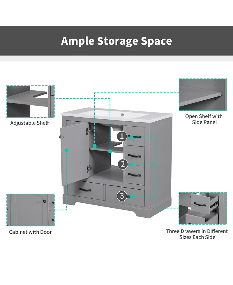 Casainc 36" Bathroom Vanity with Sink Combo, Six Drawers Multi-Functional Drawer Divider and Adjustable Shelf