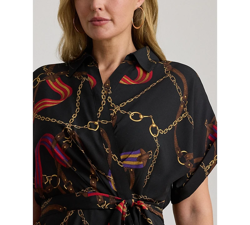 Lauren Ralph Plus Belting-Print Belted Crepe Dress