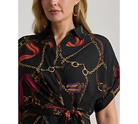 Lauren Ralph Plus Belting-Print Belted Crepe Dress