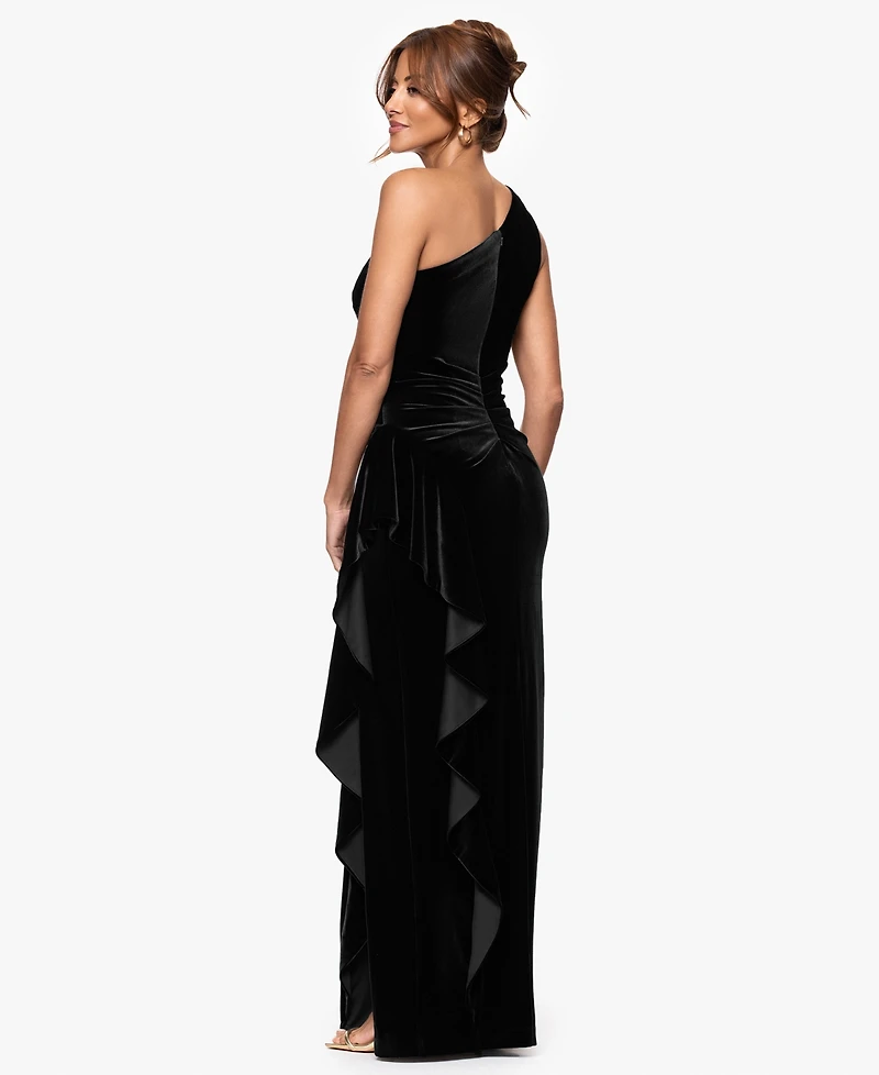 Xscape Women's Velvet One Shoulder Long Ruffle Dress