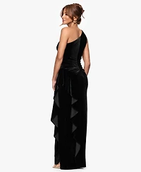 Xscape Women's Velvet One Shoulder Long Ruffle Dress