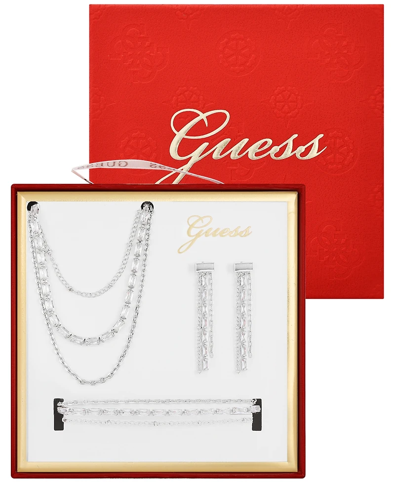 Guess 3-Pc. Cubic Zirconia Gold-Tone Multi-Chain Necklace, Drop Earrings, and Bracelet Set