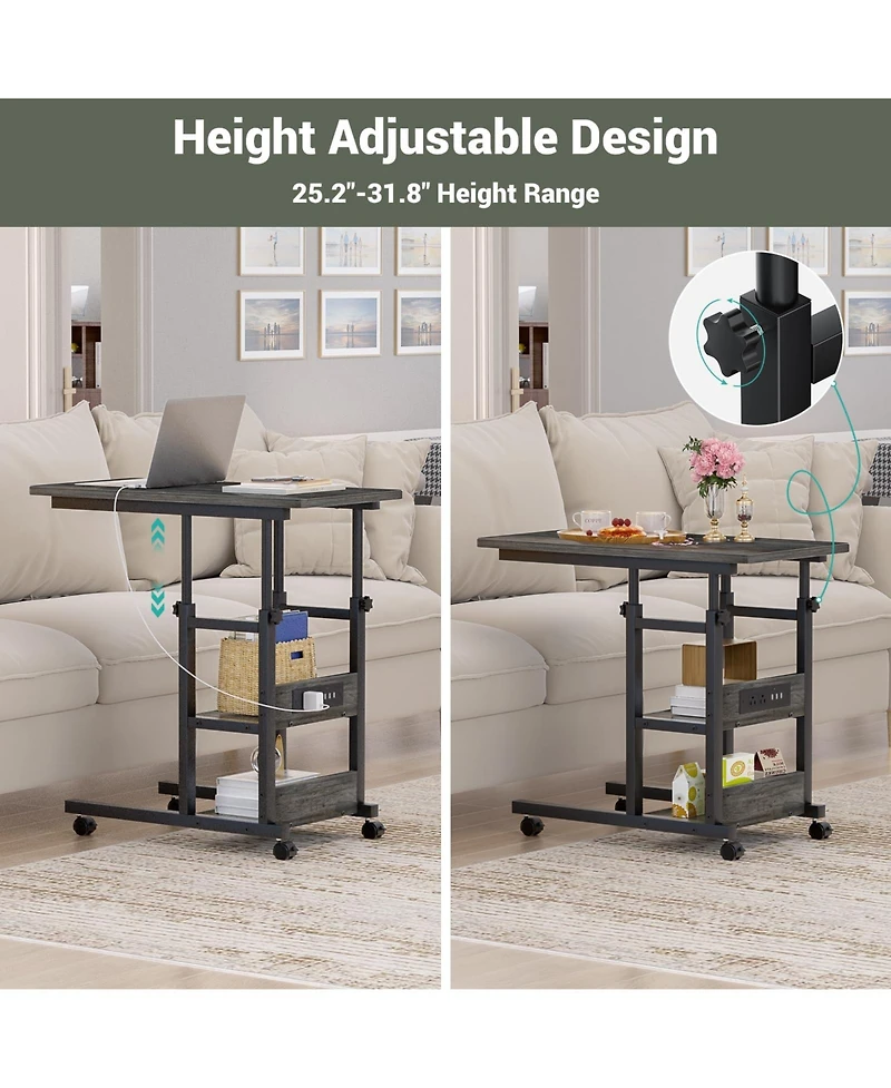 Aheaplus Height Adjustable C Table with Usb Port and Wheels