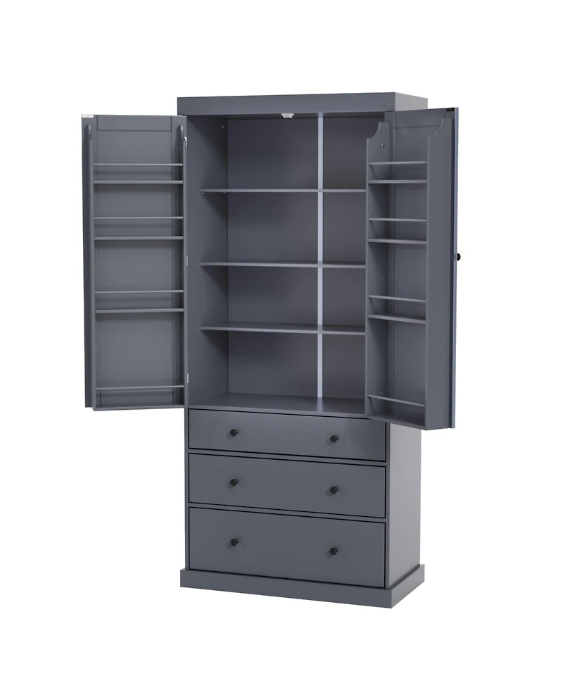 Lovmor 77" 1-Pc. Freestanding Tall Cupboard Storage Cabinet with 3 Adjustable Shelves, 8 Door Shelves and 3 Drawers