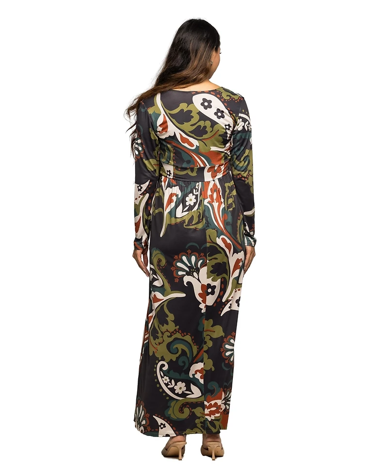 24seven Comfort Apparel Women's Maternity Green Paisley Print Long Sleeve Wrap Maxi Dress