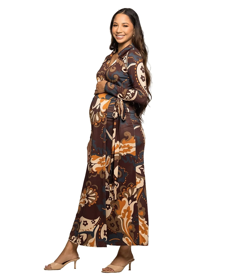 24seven Comfort Apparel Women's Maternity Brown paisley Empire Waist Maxi Dress