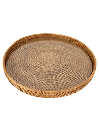 Artifacts Trading Company Rattan Round Serving-Ottoman Tray with Glass Insert