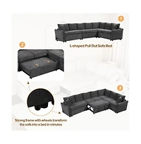124.8” L-Shaped Pull Out Sleeper Sofa Bed with Usb Ports & Power Outlets, Convertible Sectional Couch for Living Room-Maison Boucle