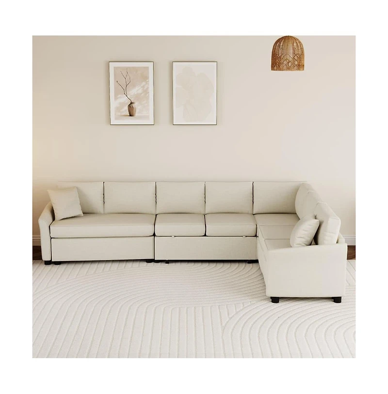 124.8” L-Shaped Pull Out Sleeper Sofa Bed with Usb Ports & Power Outlets, Convertible Sectional Couch for Living Room-Maison Boucle