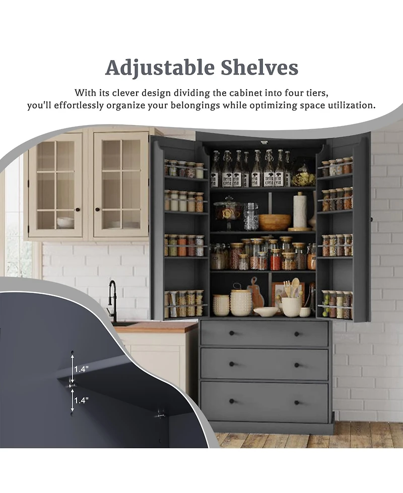 77inch Freestanding Tall Cupboard Storage Cabinet with 3 Adjustable Shelves 8 Door Shelves and 3 Drawers