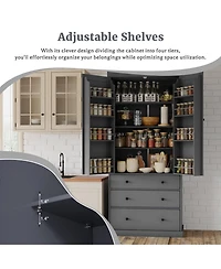 77inch Freestanding Tall Cupboard Storage Cabinet with 3 Adjustable Shelves 8 Door Shelves and 3 Drawers