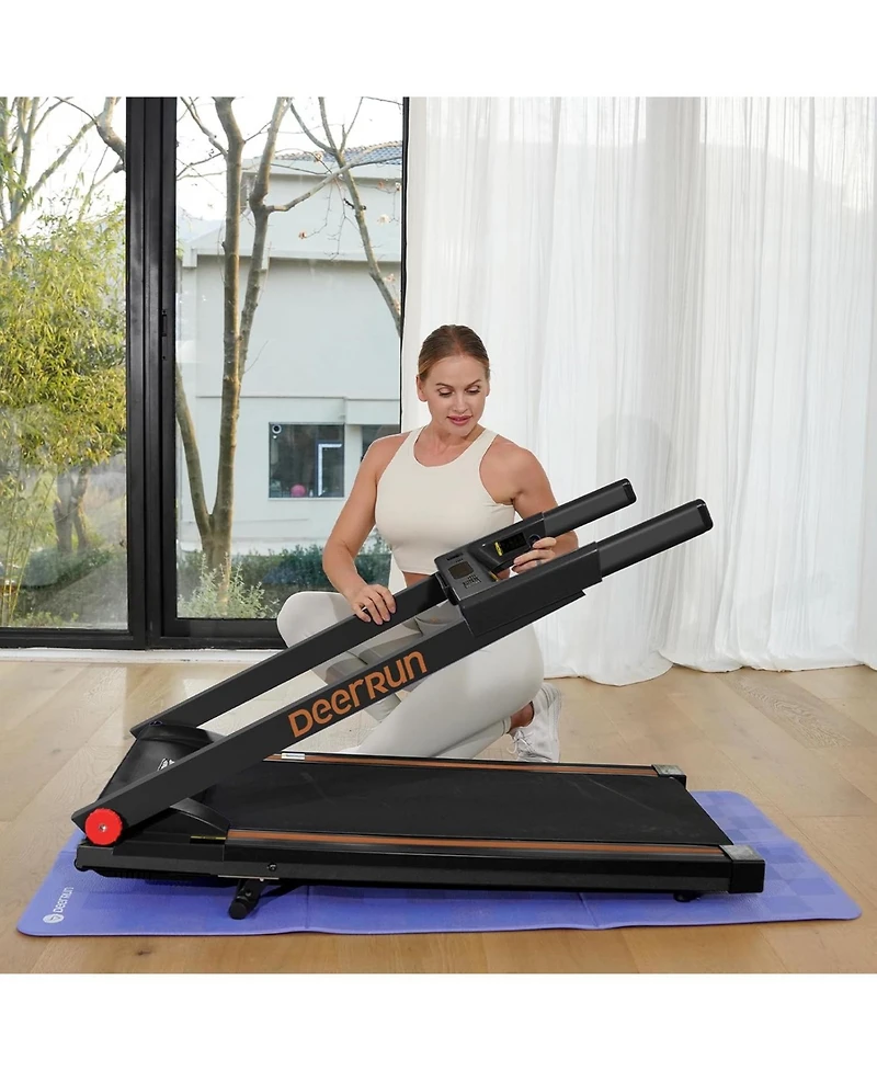 DeerRun Folding Treadmill，Powerful 3.5 Hp motor supports up to 350 lbs. With 5% incline, app control, and compact foldable design for effective