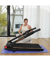 DeerRun Folding Treadmill，Powerful 3.5 Hp motor supports up to 350 lbs. With 5% incline, app control, and compact foldable design for effective