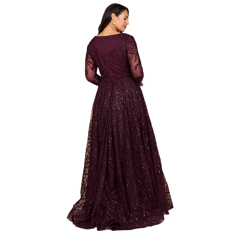 Lara Women's Long Sleeve Gown with Overskirt & Illusion Neckline