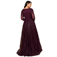 Lara Women's Long Sleeve Gown with Overskirt & Illusion Neckline
