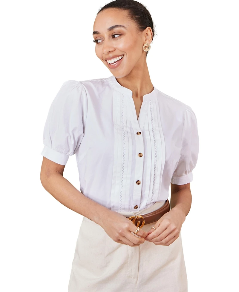 Yumi Women's Cotton Pleated Short Sleeve Shirt