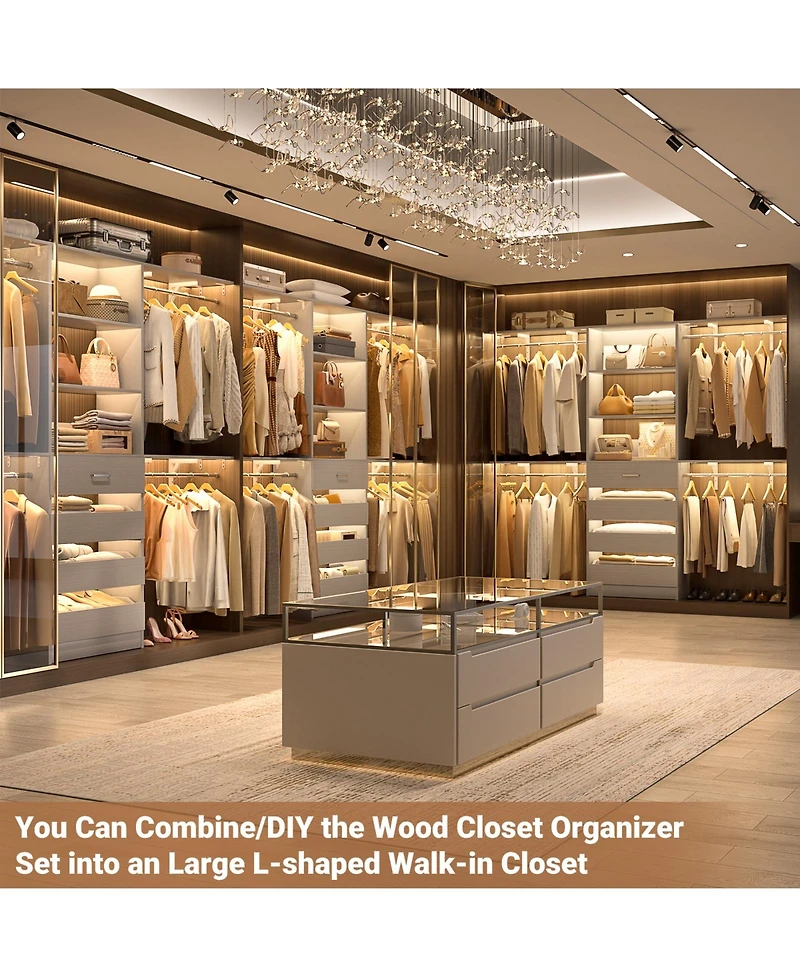 Aheaplus 96 inches Closet Organizer System with 4 Reversible Shelves and 4 Wood Drawers, Wardrobe Clothes Rack with 4 Hanging Rods